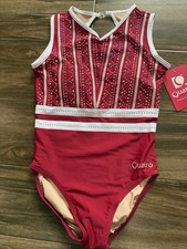 QUATRO gymnastics Leotard RED WHITE Crystals Strappy Back ADULT XS NWT