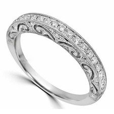 14K White Gold Wedding Band Engraved Design Diamond Elegant Bridal Ring