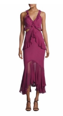 CINQ À SEPT Size 12 Sidney Ruffle Cutout Silk Midi Dress Color Orchid NWT $595