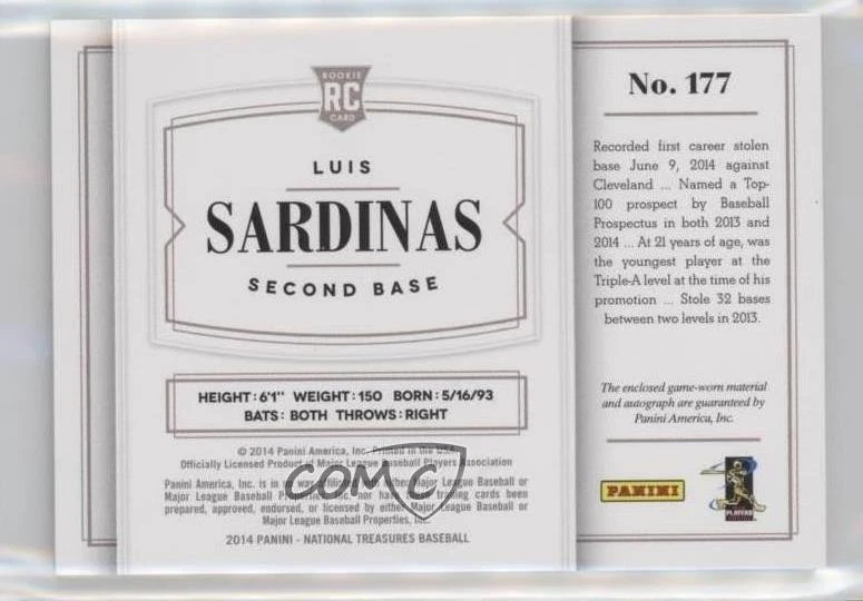 2014 Panini National Treasures Black /10 Luis Sardinas #177 Rookie Auto RC - Image 2 of 2