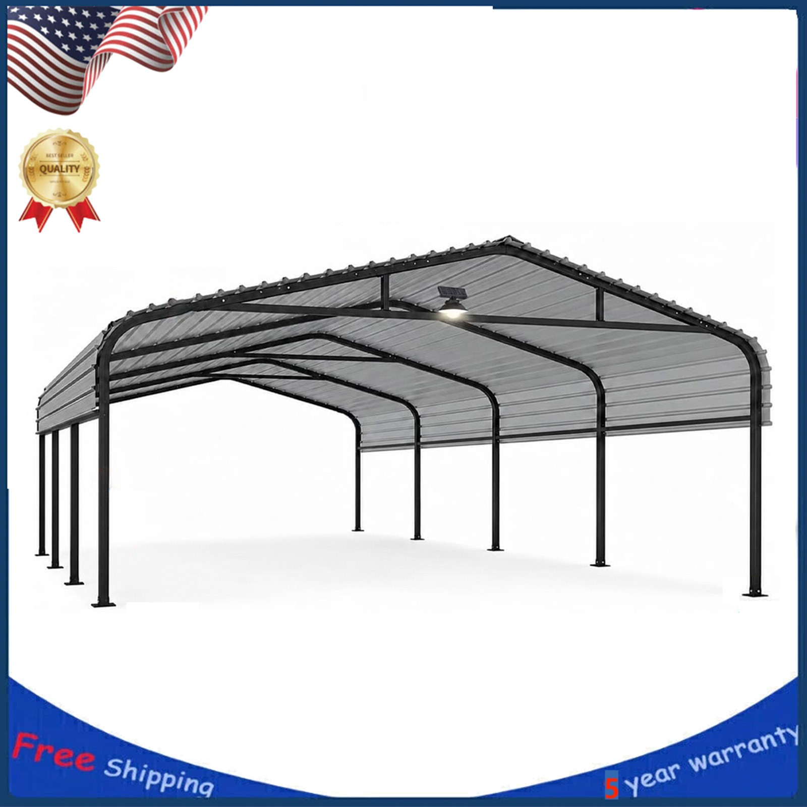 20x20 FT Heavy Duty Metal Carport Kit Waterproof RV Canopy with Solar Light