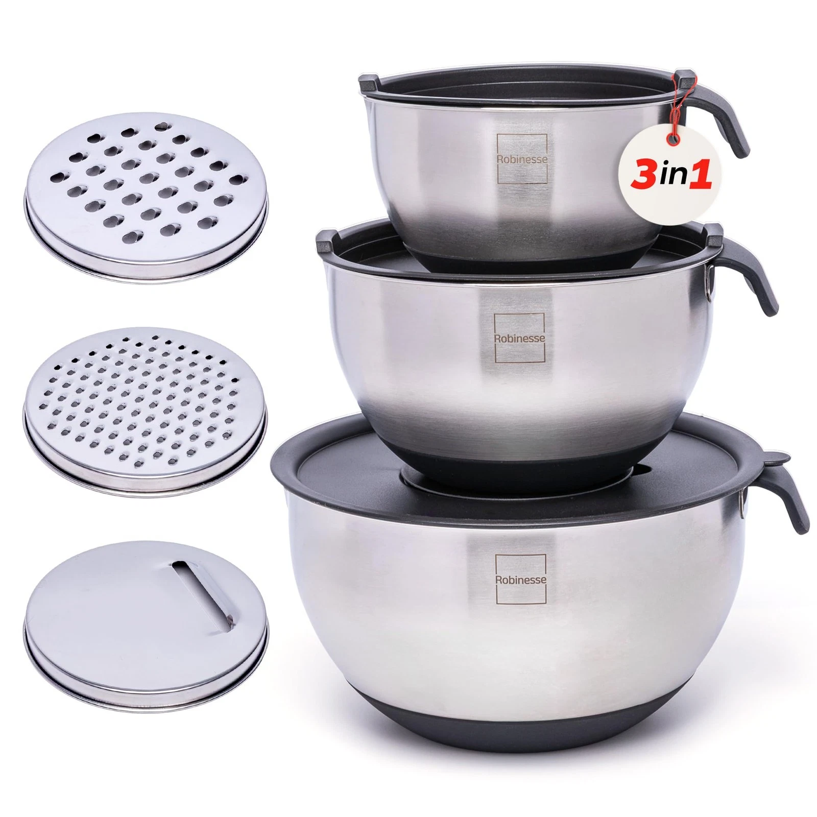 Stainless Steel Mixing Bowls Set of 3, Large Nesting Bowls with Airtight Lids...