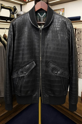 Herren Schwarz Alligator Prägung Print Lederjacke Premium Krokodil Oberbeklei...