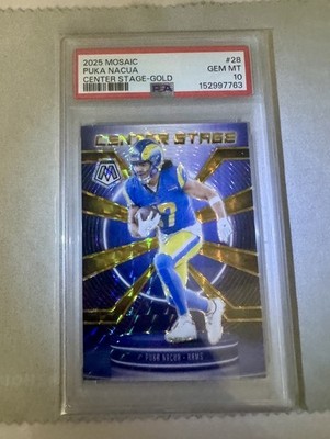 /10 Puka Nacua PSA 10 — Center Stage Gold Prizm — 2025 Panini Mosaic — POP 1