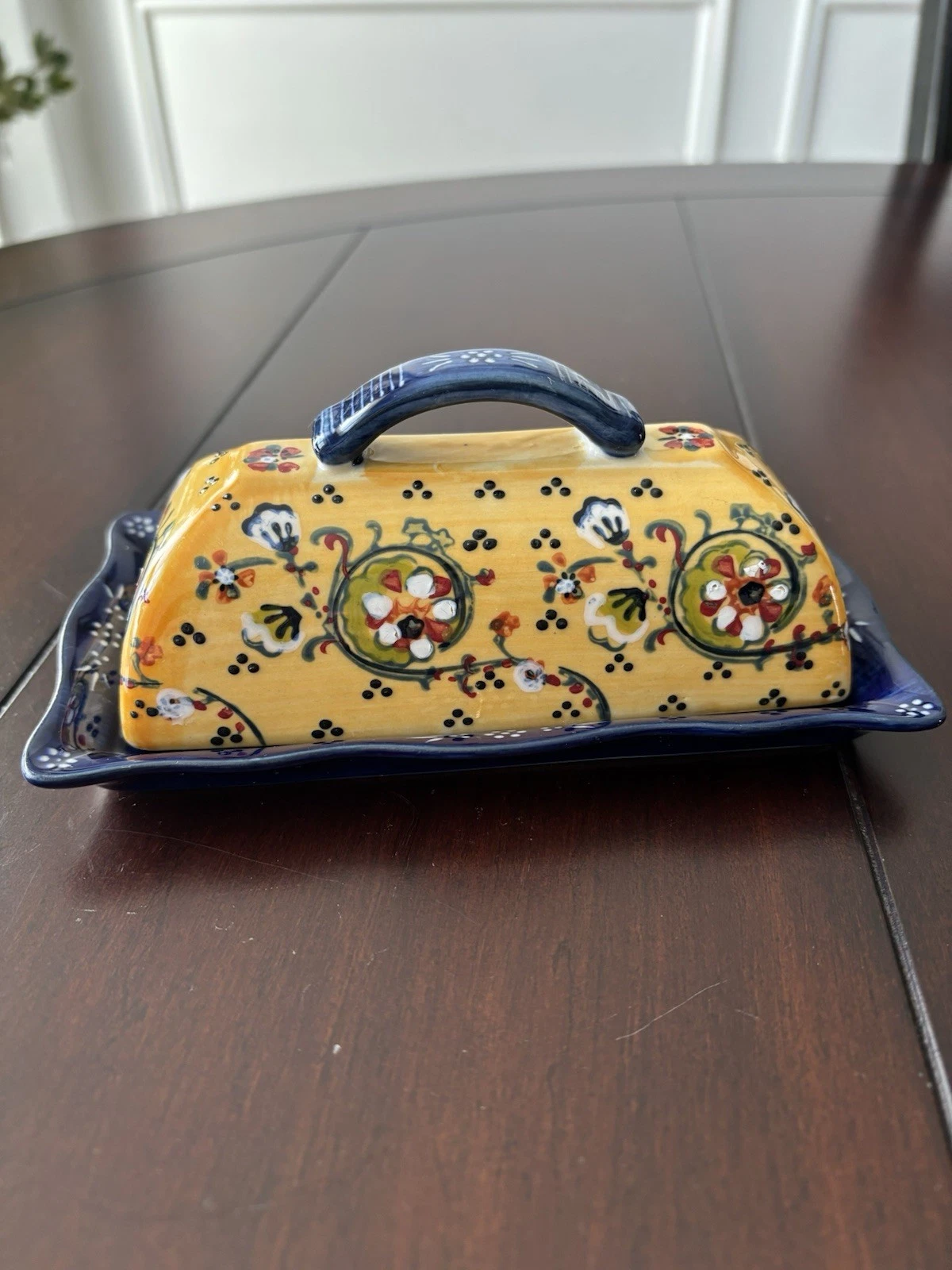 Anthropologie Lyna Covered Butter Dish container Blue & Yellow Floral BOHO retro
