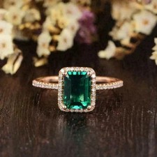 2.30Ct Emerald Cut Lab Created Emerald Halo Engagement Ring Rose Gold Plated