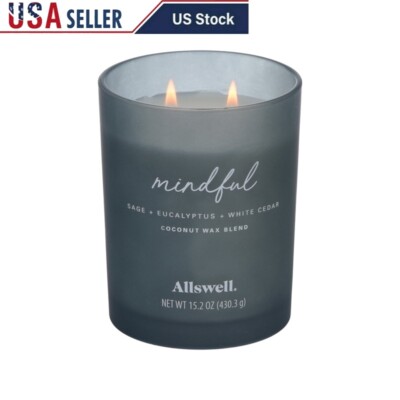 2-Wick Mindful Scented Candle 15oz Coconut Wax Sage Eucalyptus Cedarwood Spa Jar