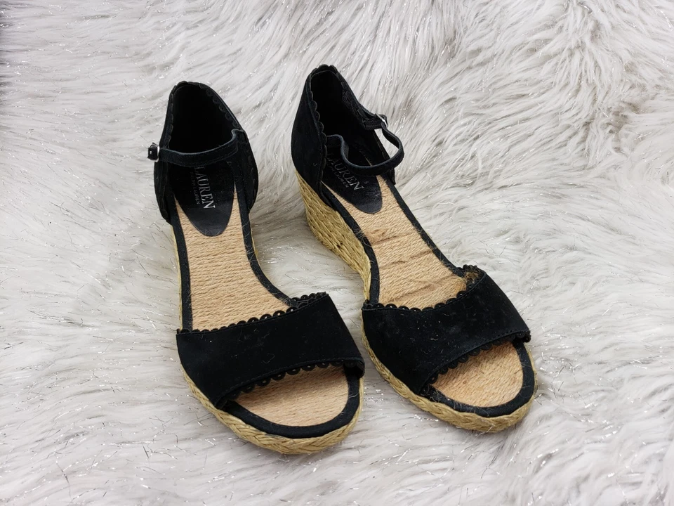 Sandalias LAUREN by Ralph Lauren Tacón Cuerda Cuña Cuero Negro Correa al Tobillo Talla 8.5B Foto 2 de 4