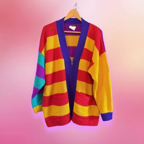 Vintage 80's Women Esprit Sport Oversize Colorful Striped Zip Cardigan Sweater-M