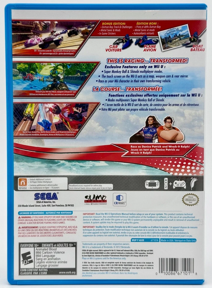 Sonic & All-Stars Racing Transformed (Nintendo Wii U, 2012) - CIB - Image 2 of 4