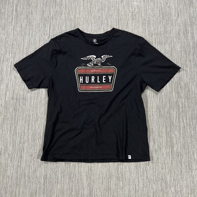 Hurley T-Shirt Mens L Black Eagle Trademark Logo Surfing Relaxed Cotton Crewneck