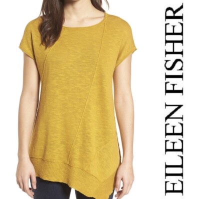 EILEEN FISHER Asymmetric Organic Cotton/Linen Women Yellow Short Sleeve Top Sz M