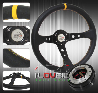 350mm Black Deep Dish Steering Wheel + 1.5'' Thin Quick Release Adapter Jdm