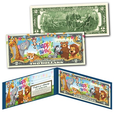 HAPPY BIRTHDAY Zoo Animals Youth Colorized Genuine Legal Tender U.S. $2 Bill 