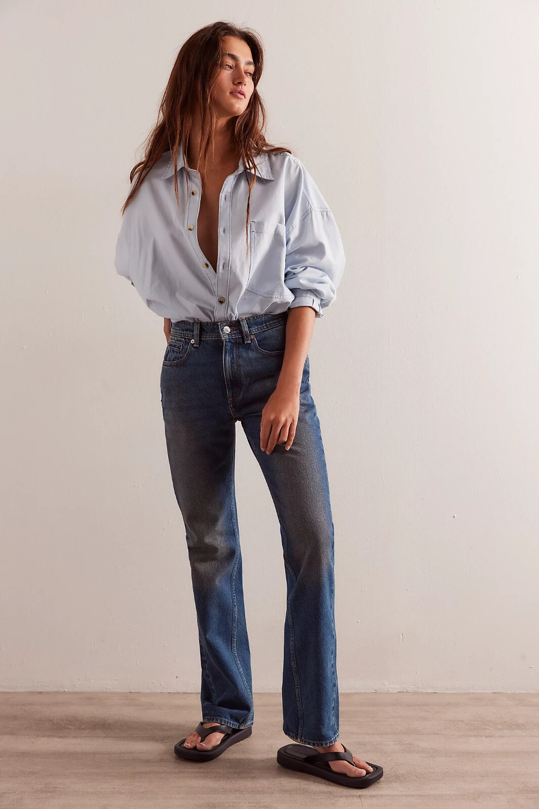 We The Free People Xena Slim Straight Denim Jeans 26 Blue High Rise Vintage New