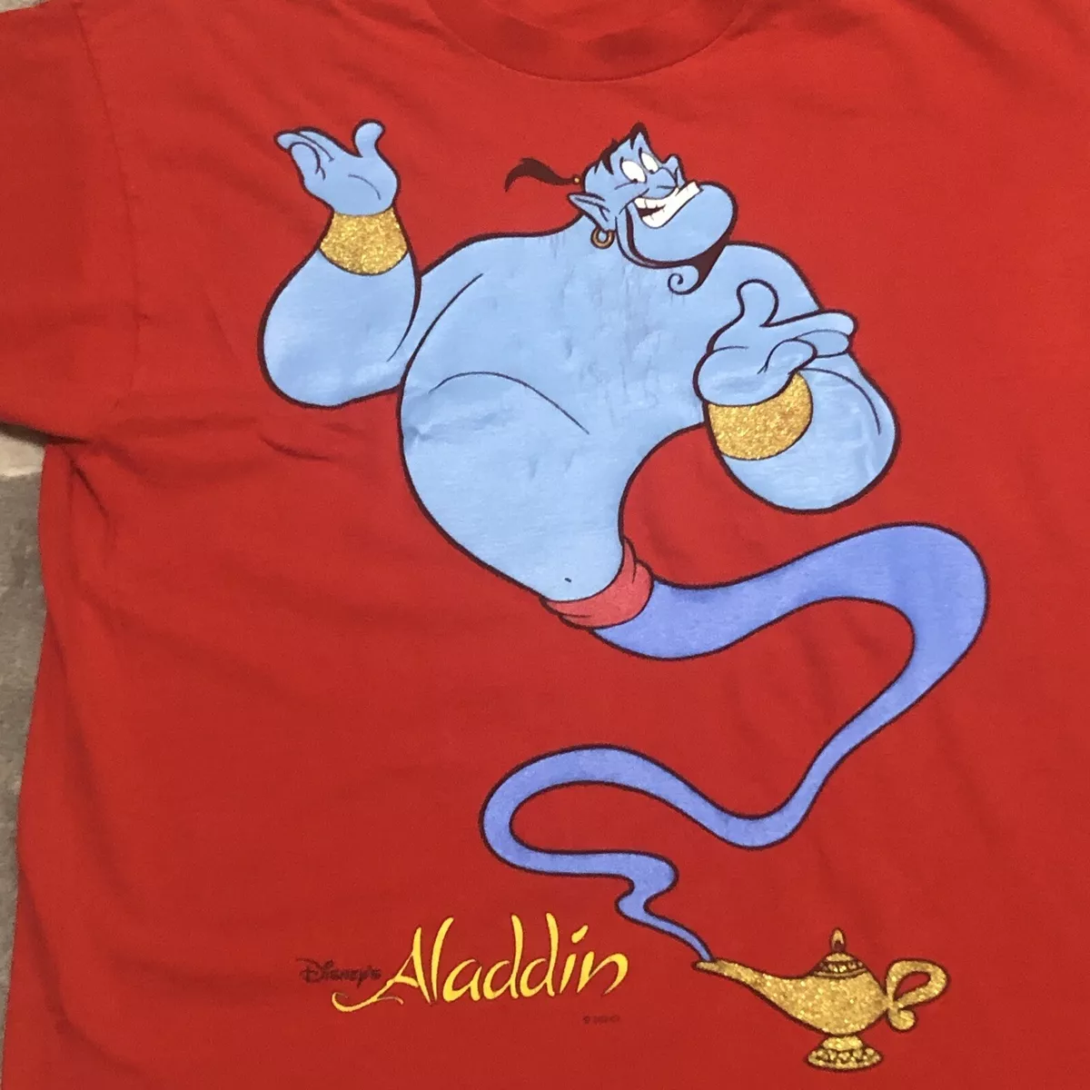 Disney 90s Aladdin Genie Movie T-shirt Single Stitch Distressed XL Red USA VTG
