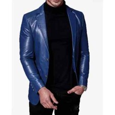 Handmade Men's Pure Stylish Lambskin Leather Blazer Soft Blue Coat Casual Party