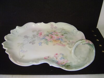 VINTAGE T & V LIMOGES DISH WITH HANDLE GREEN AND PINK FLORAL VENICE PAT. 1896