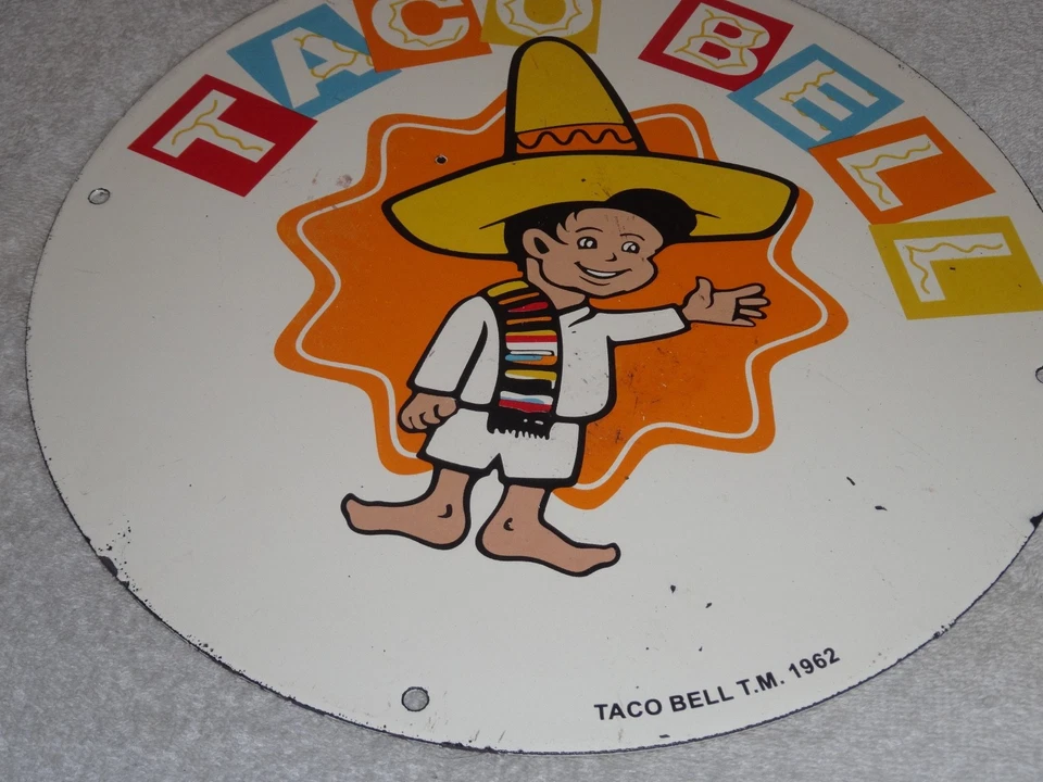 VINTAGE 1962 TACO BELL & BOY FAST FOOD 11 3/4" PORCELAIN METAL GASOLINE OIL SIGN - Image 4 of 4