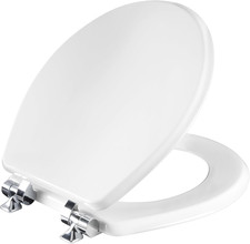 Bennett Toilet Seat with Chrome Hinges, Slow Close Wood Seat, Secure Metal Hinge