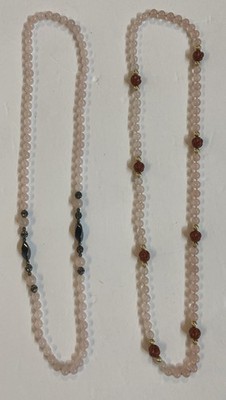 2 Light Pink Rose Quartz & Gold Tone Beaded Vintage Necklace