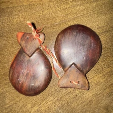 Hand Carved Wooden Castanets Vintage Pair, Folk Music Instrument