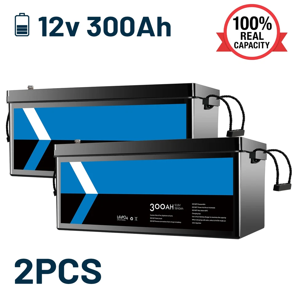 2PCS 12V 300Ah Battery LiFePO4 Lithium Backup BMS Emergency Rechargeable Camping