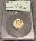 1964 Roosevelt Dime  PCGS MS 64  (1st Gen OGH Rattler Sample Slab)