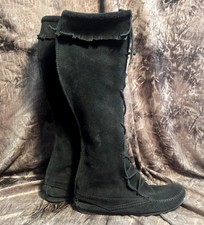 Minnetonka Knee High Lace Up Boots 7 Black Suede Moccasin Fringe Boho