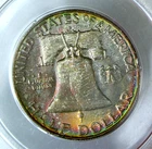 Rainbow Toned 1958 D Franklin Half Dollar PCGS MS65 OGH Rattler Silver 50c Coin