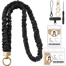 Prudiut Scrunchie Lanyard for Id Badges, Retractable Teacher Lanyards Black S...