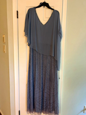 JKara Women s 16 Blue/Gray Beaded Sequin Chiffon V-Neck Long Formal Gown