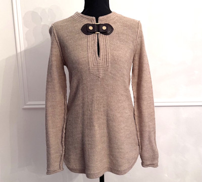 Tory Burch Mim Sweater XS Beige Alpaca Wool Leather Bow Gold TB Logo Tunic Knit