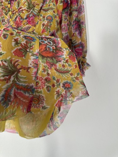 Anthropologie Blouse Womens XS Petite Yellow Floral Sheer Ruffle Button Boho Top - Picture 7 of 14