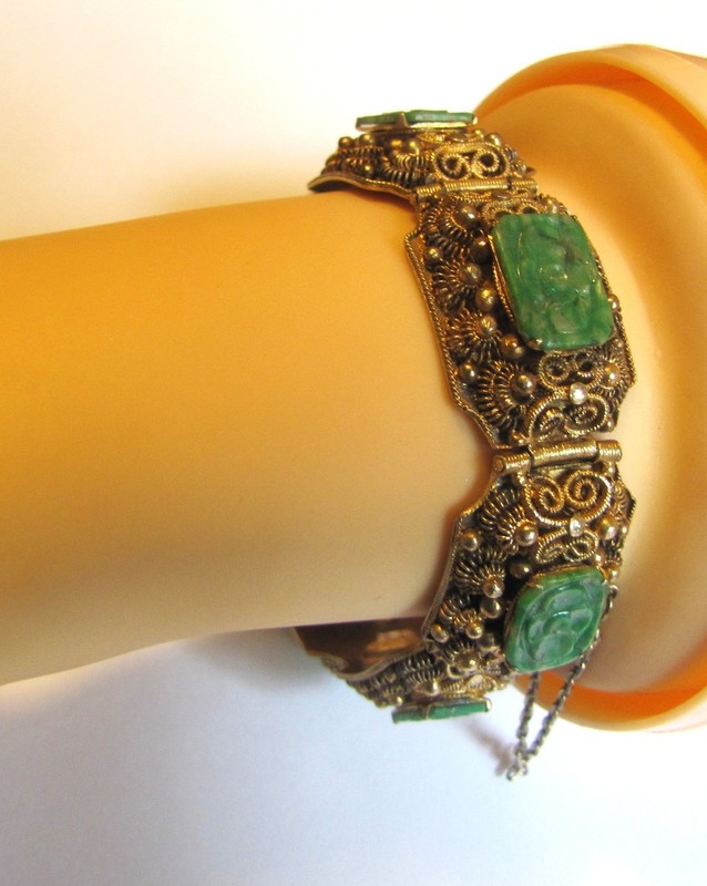 Jadeite Jade Chinese Filigree Bracelet Gold over Silver Antique Carved Natural A