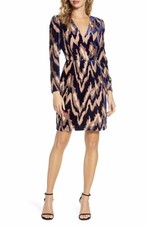 Harlyn Velvet Burnout Long Sleeve Cocktail Dress Size M Taupe Royal Blue Zig Zag