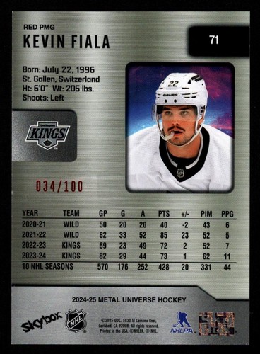 Kevin Fiala 2024-25 SkyBox Metal Universe #71 gemme di metallo prezioso rosso / 100 re - Foto 2 di 2