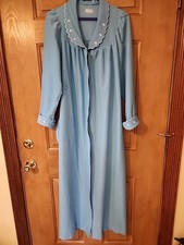 Vtg Shadowline Velour Blue Robe House Coat Lounge Wear Floral Accents Scalloped