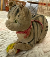 Antique Early Steiff  Cat Rattle Plush Button in Ear Glass Eyes c.1910s Velvet