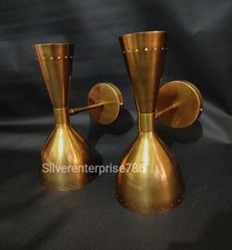 Light Fixture 2 Bulb Pair. 1950's Mid Century Brass Italian Diabolo Wall Sconce.