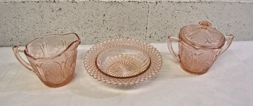 Jeannette Pink Cherry Blossom Depression Glass Tea Cup  Saucer Sugar Bowl