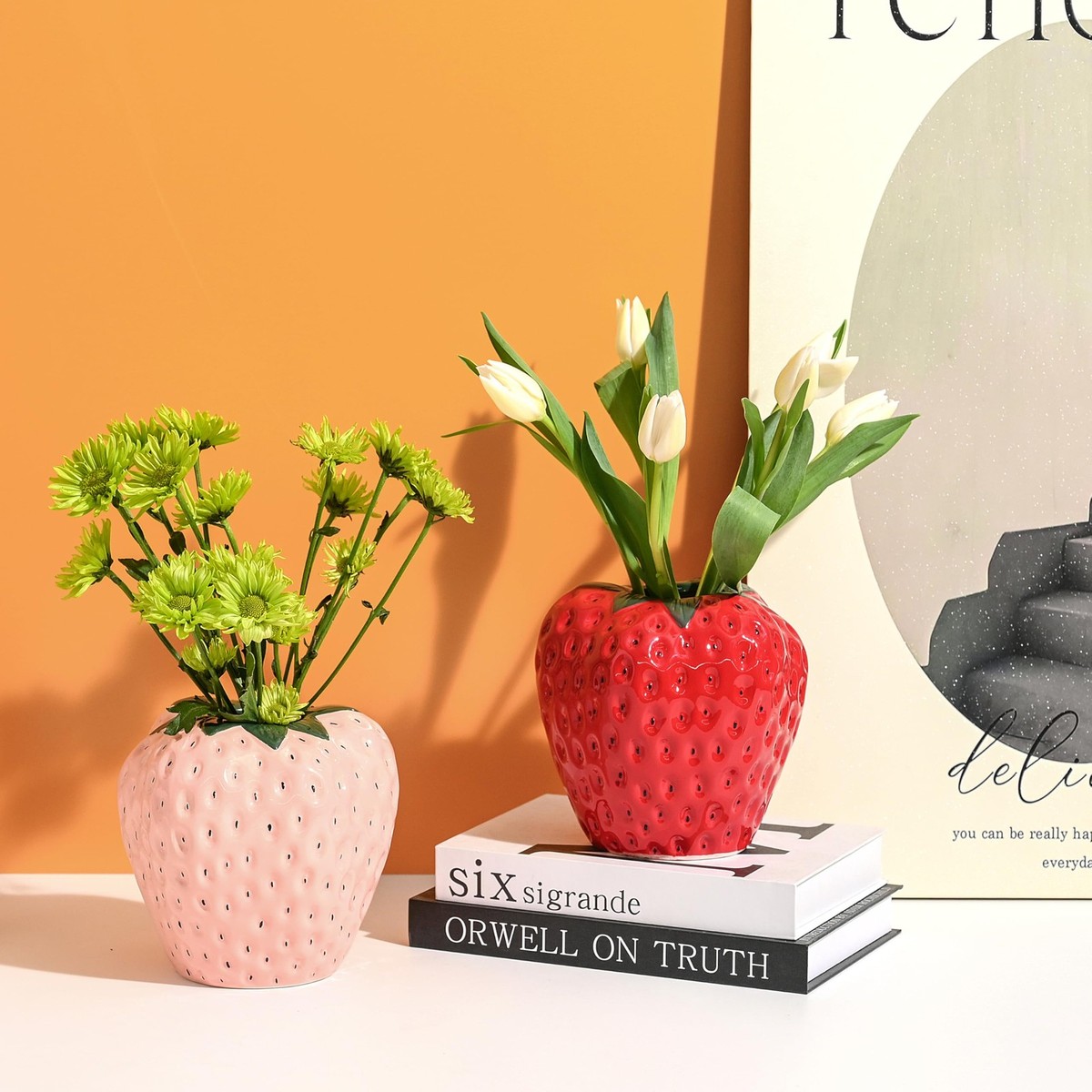 Red Strawberry Vase for Flowers, Decorative Ceramic Fruit Vase