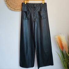 ZARA Black Wide Leg Pocket Faux Leather Marine Ankle Stretch Trouser Pants SZ 8