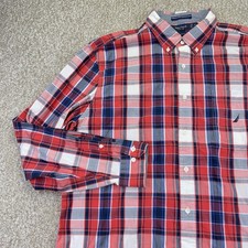 Nautica Button Down Shirt Mens Classic Fit XL Red White Blue Plaid Long Sleeve