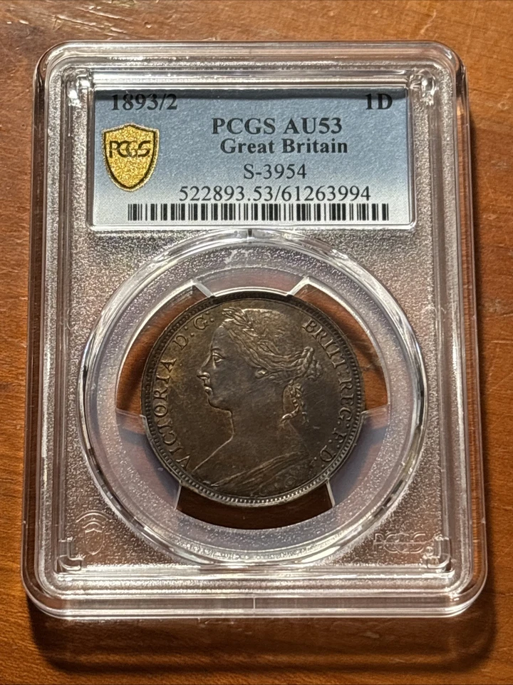 Great Britain 1893/2 Penny - PCGS AU53 - Rare Overdate - Only 1 Graded by PCGS - Image 2 of 4