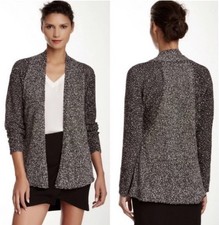 Eileen Fisher Medium Cardigan Sweater Black White Boucle Knit Open Front Slouchy