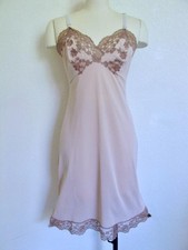 Vintage 60s 70s Nylon Full Slip w Lace Trim 34 S Nude Beige w Cafe Au Lait Lace