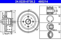 2X ATE Bremstrommel 24.0220-0738.2 FüR Opel Corsa Tigra X04 X01 M12X1,5 Twintop