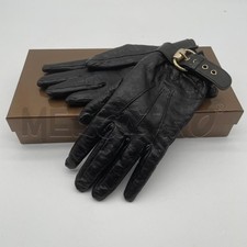 WOMENS GUCCI GG BLACK LEATHER GLOVES GG GOLD BUCKLE CASHMERE INTERIOR