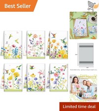Set of 6 Microfiber Kitchen Towels Floral Hummingbirds Dish Drying Summer Decor